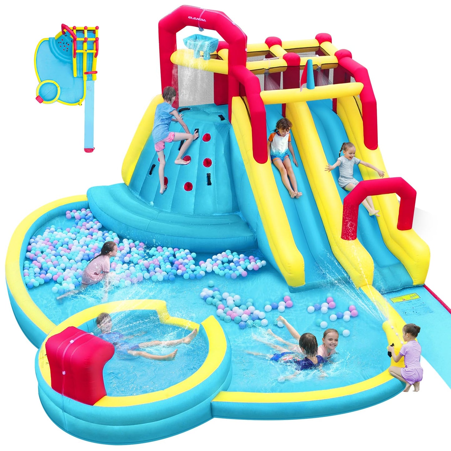 ELEMARA XL Inflatable Water Slide with 19ft Attachable Slip and Slide,Large 7 in 1 Blow Up Water Park,Bounce House for Backyard with 2 Slides,Climbing Wall,Deep Pool，Water Cannon,750W Blower for Kids