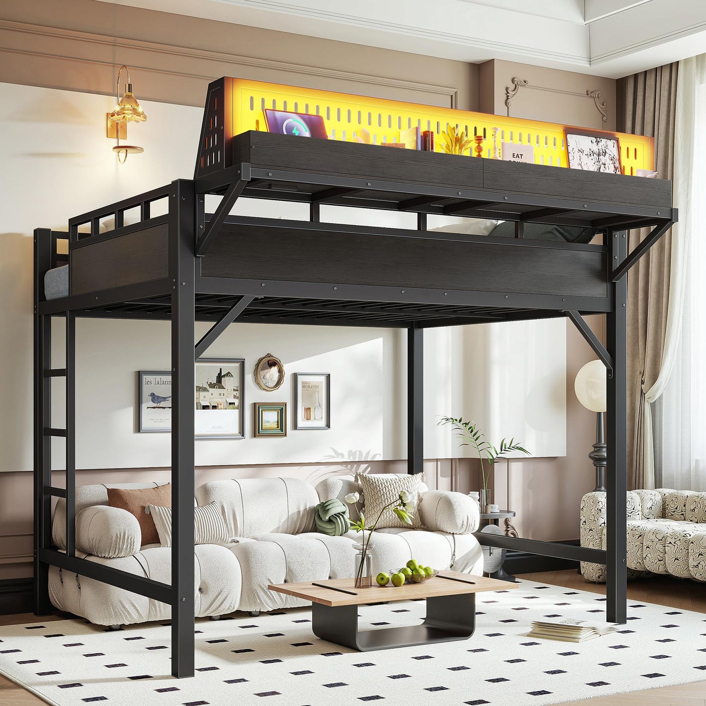 KEIKI Full Size Metal Loft Bed with Storage Shelves & Pegboard, Heavy Duty Loft Bed Frame with USB Ports and LED Lights for Teens Adults Apartments Guest Rooms & Modern Small Spaces