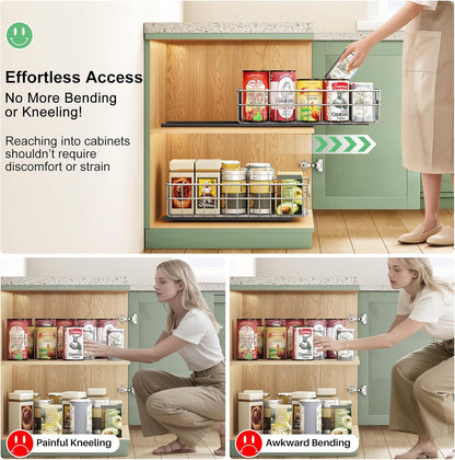 Pull Out Cabinet Organizer - Stainless Steel 2-Pack Slide-Out Drawers with Silent Full-Extension Slides | Versatile Spice Storage for Kitchen, Pantry, and Bathroom