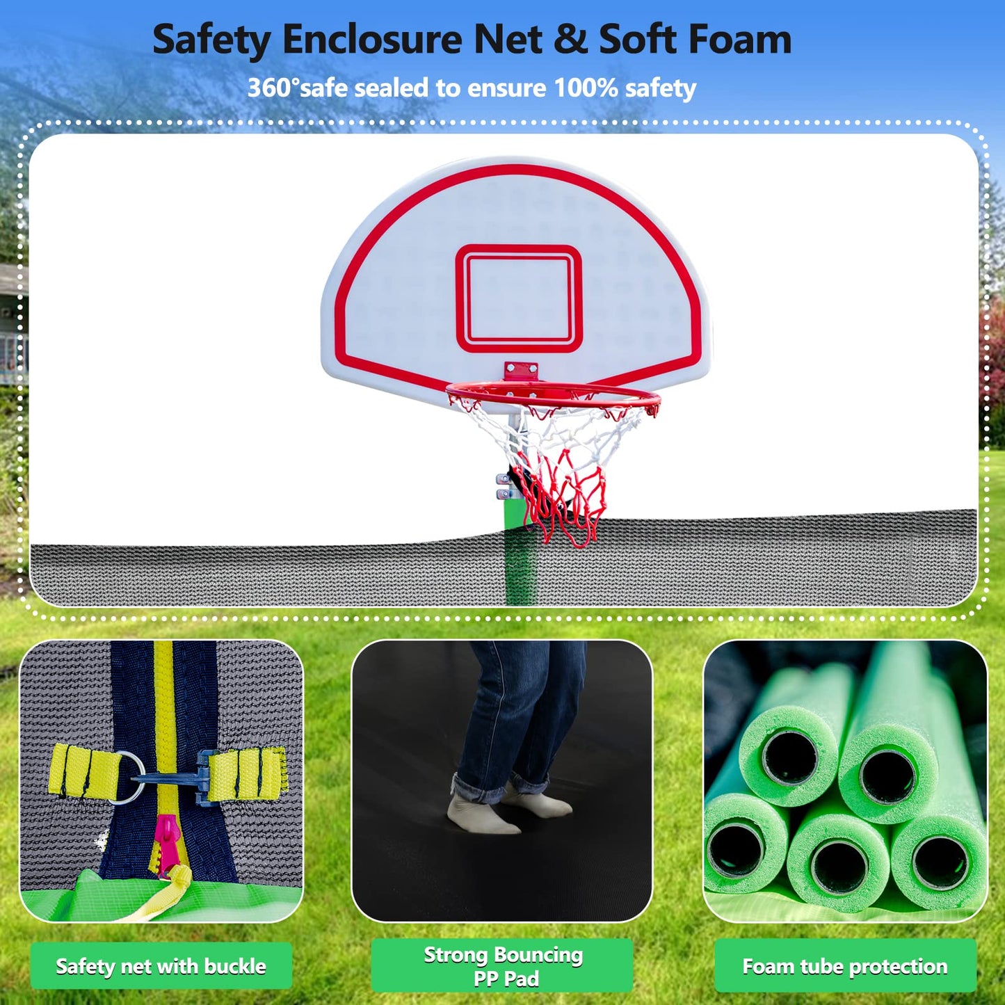 Lyromix 16FT Trampoline, Large Recreational Trampoline for Kids, Outdoor Trampoline with Basketball Hoop and Ladder, Backyard Jumping Trampoline, Capacity for 6-9 Kids and Adults, Grass Green