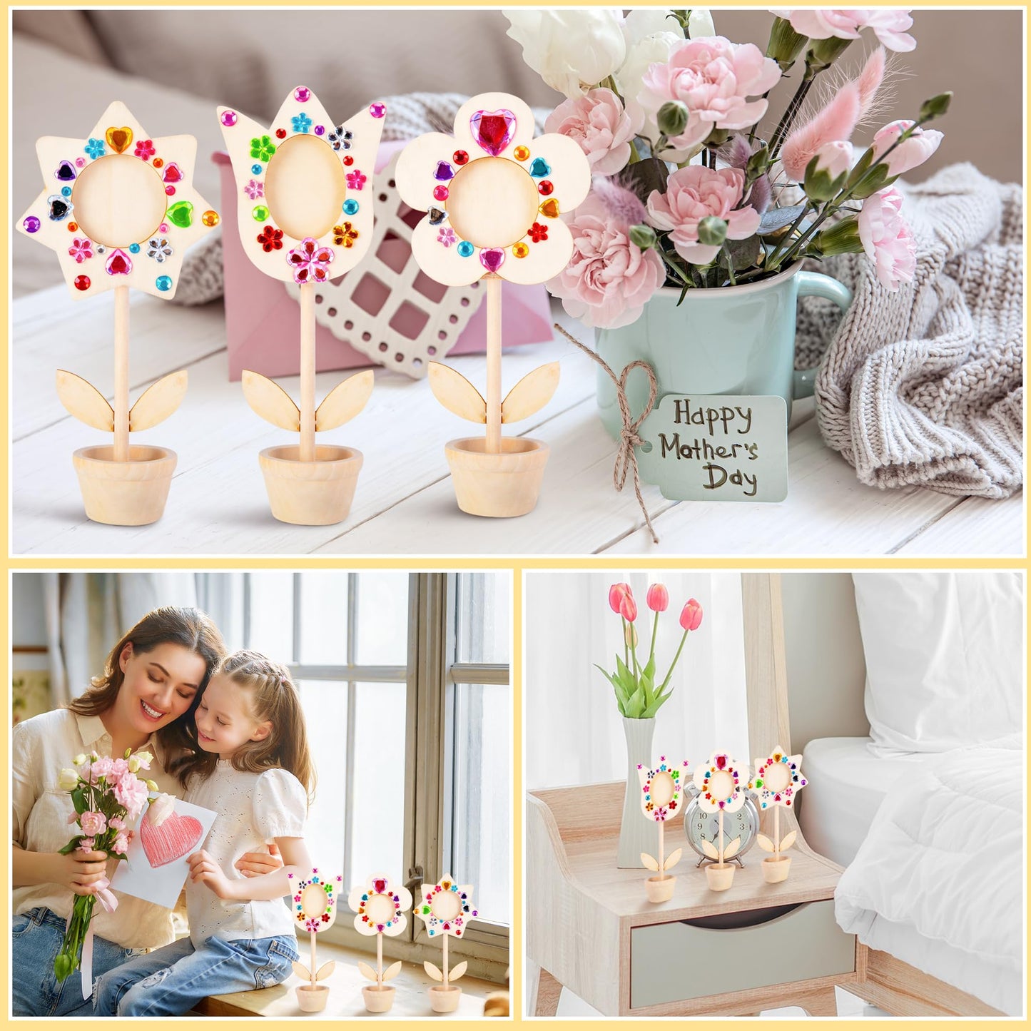 14 Sets DIY Paintable Wood Flowers Photo Holders, Mother's Day Crafts Wooden Flower Picture Frames, Spring Flower Pot Unfinished Wood Ornament with Gems Stickers for Painting Mothers Day Birthday Gift
