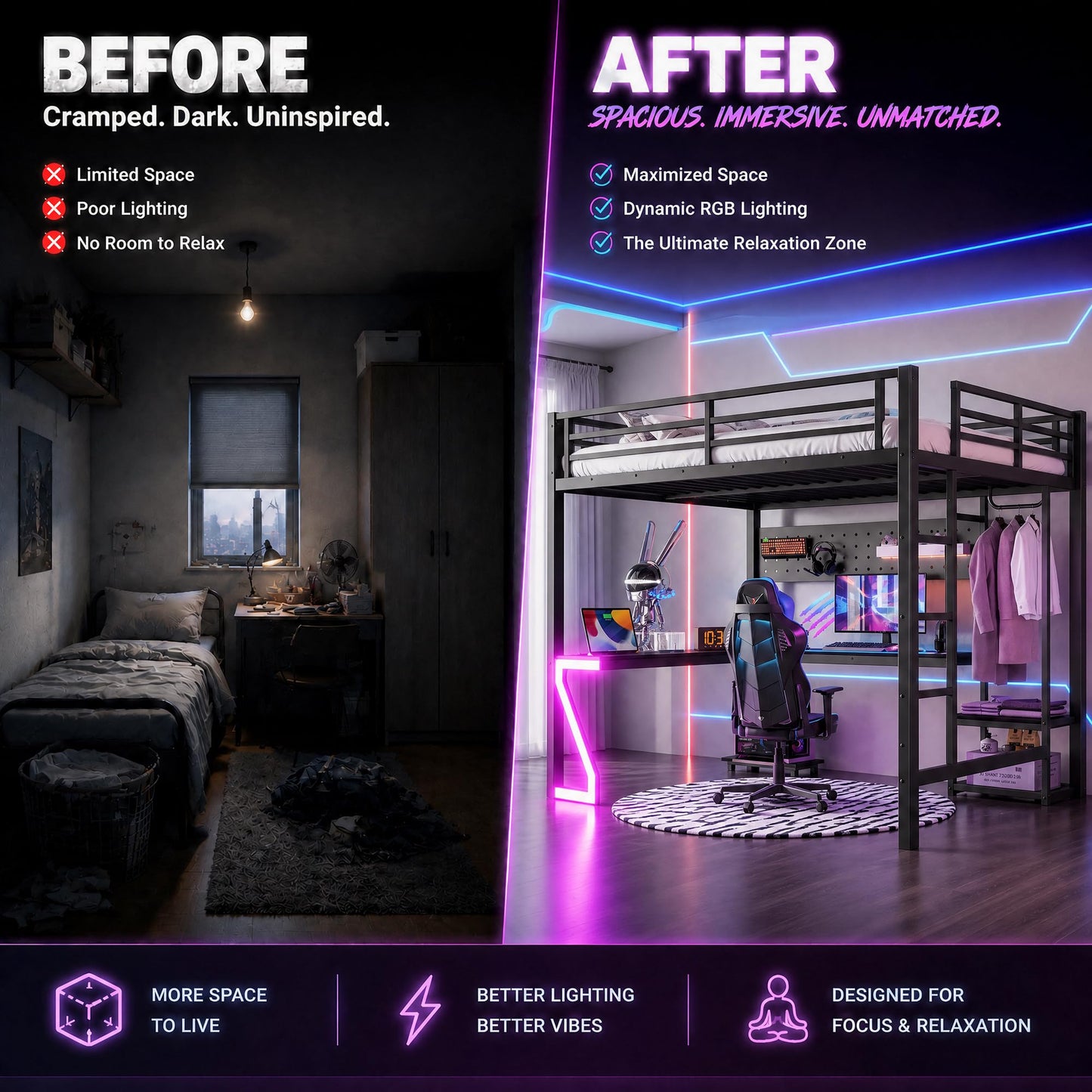 Bellemave Queen Size Gaming Loft Bed with L-Shaped Desk, Computer Tray, Peg Board & USB Ports, Metal Queen Loft Bed Frame with RGB Lights & Storage Shelves for Teens, Black