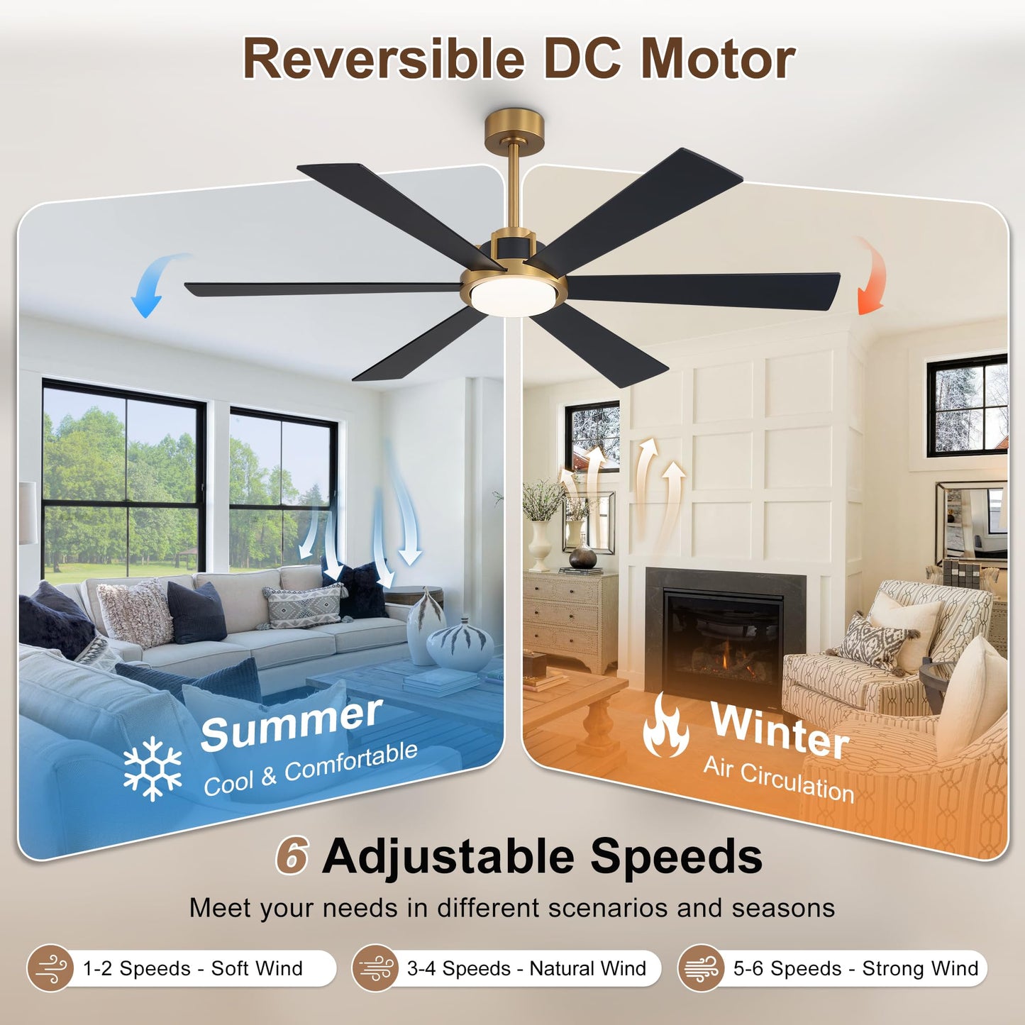 WINGBO 60 Inch Ceiling Fan with Light - 6 Plywood Blades, 6-Speed Reversible DC Motor, Noiseless Remote Control Ceiling Fans with Lights for Bedroom Living Room Kitchen, Gold and Walnut/Black