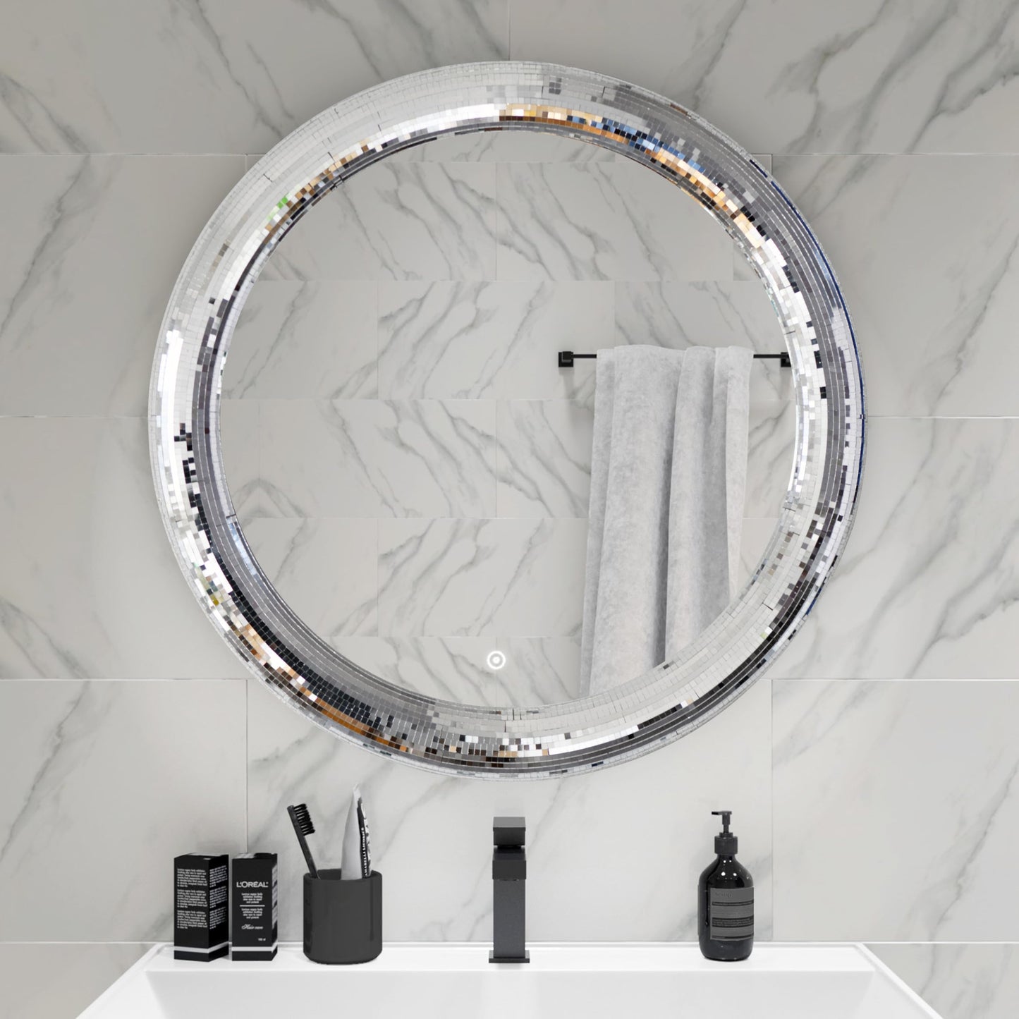 LuHeToz 23.6inch Round Decorative Wall Mirror with Mosaic Glass Frame, Silver Bathroom Vanity Mirror