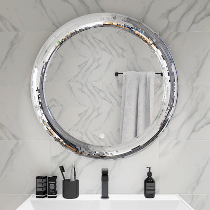 LuHeToz 23.6inch Round Decorative Wall Mirror with Mosaic Glass Frame, Silver Bathroom Vanity Mirror