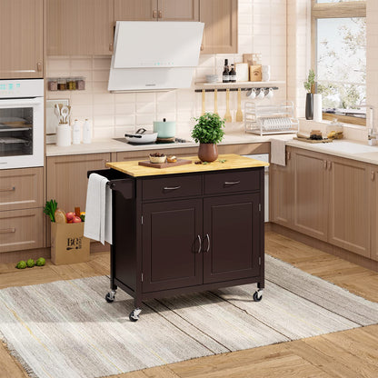 MEDIMALL Rolling Kitchen Island Cart, Utility Serving Cart with Drawers, Adjustable Shelf & Towel Rack, Mobile Island Table, Wooden Storage Trolley for Home, Restaurant & Bar, Rustic Brown