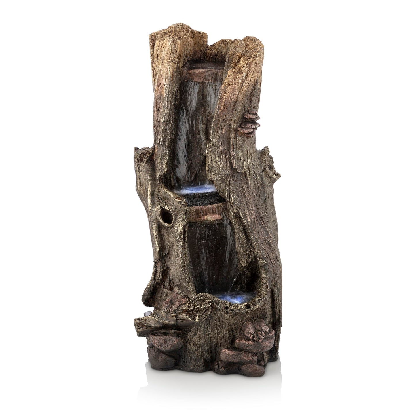 Alpine Corporation WIN258 Outdoor Rainforest Waterfall Tree Trunk Floor Fountain with LED Lights, Tiered Garden Decor, 41" H, Brown