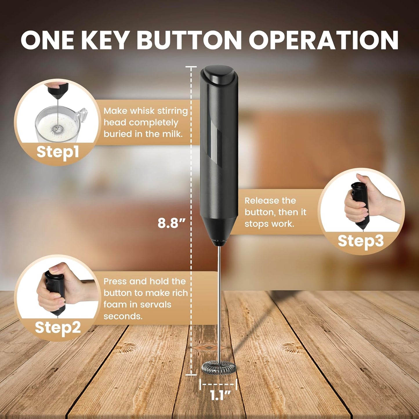 Handheld Milk Frother with Stainless Steel Stand, Battery Operated Whisk Maker for Lattes, Coffee, Cappuccino