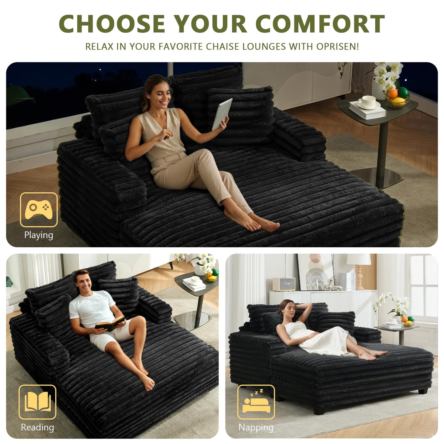 Oprisen Oversized Chaise Lounge Chair Indoor, 53 Inch Fluffy Plush Faux Fur Upholstered Sleeper Sofa Bed, Cozy Lazy Couch for Living Room, Bedroom (Black)