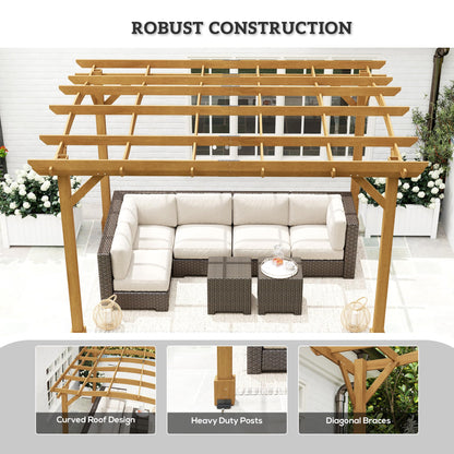 Outsunny 10' x 12' Outdoor Pergola with Arched Roof for Climbing Plant Support, Wood Gazebo Grape Trellis with Stable Structure, Concrete Anchors for Patio, Garden, Deck, Backyard, Dark Brown