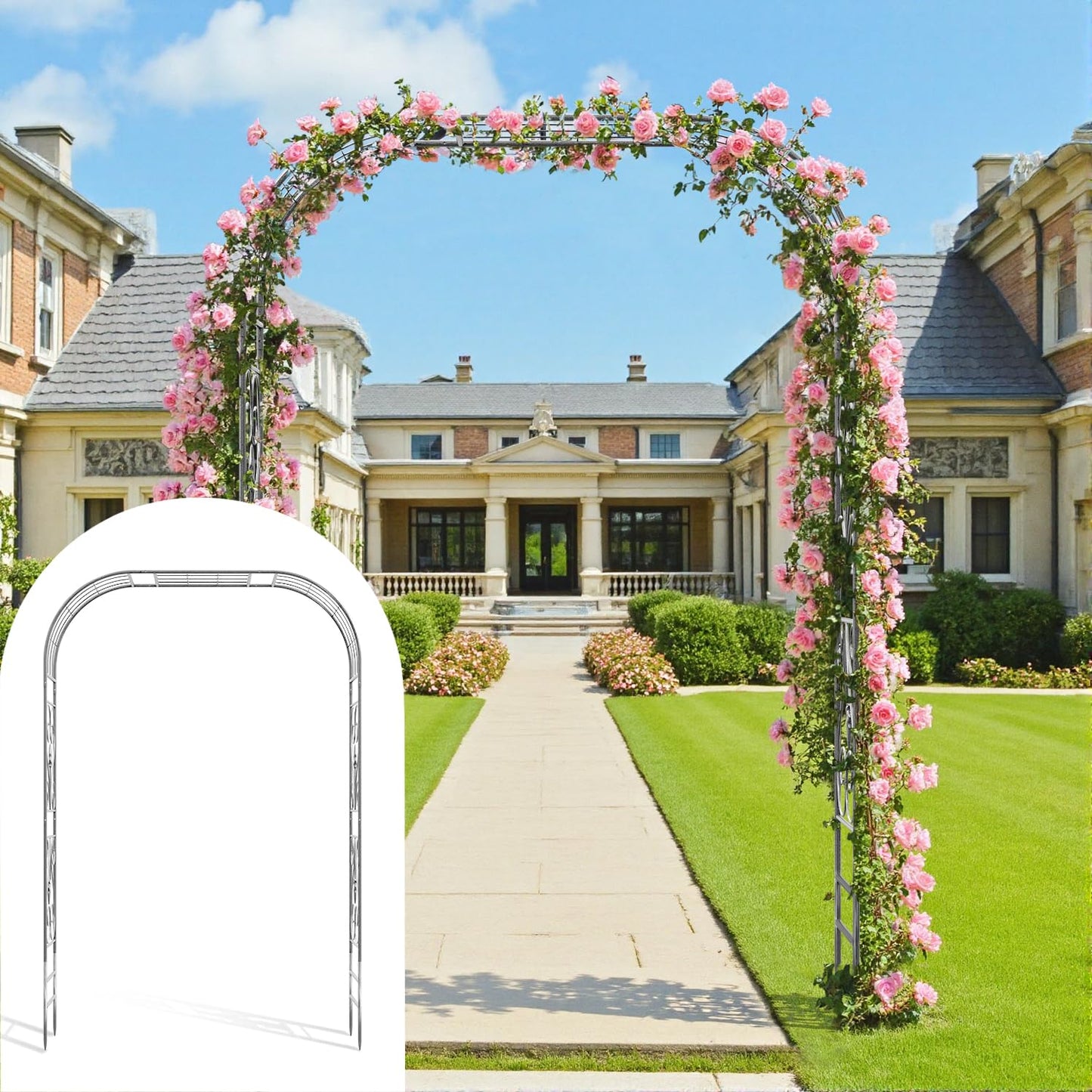 Meyrines Metal Garden Arbor, 104.3” Tall Wrought Iron Archway for Climbing Plants & Flowers, British-Style Garden Trellis(Silver, Flat-Top)