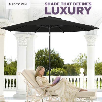 Midtown Umbrellas - The Lean 9 Ft Patio Umbrella with Fade-Resistant Sunbrella Fabric, Auto-Tilt Aluminum Frame and 8 Reinforced Ribs for Deck, Pool & Garden - Black Canopy, Black Pole