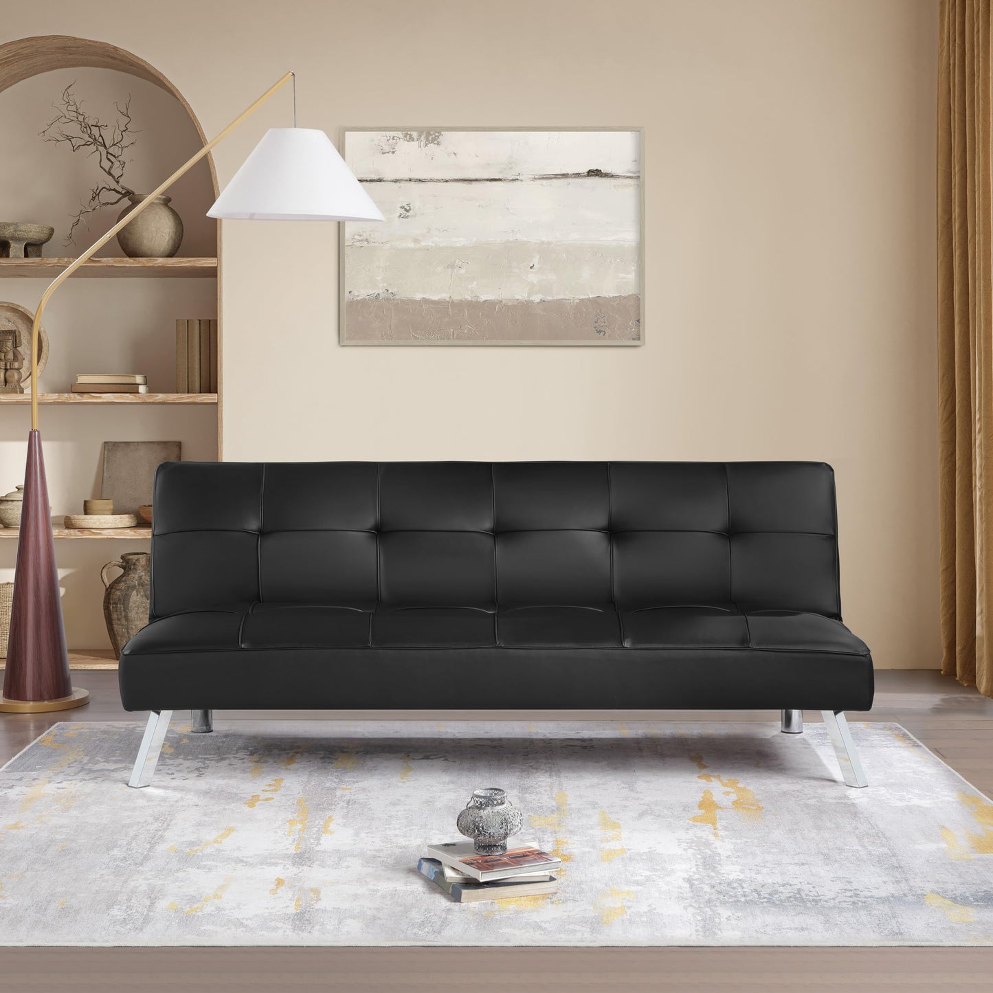 OSP Home Furnishings Kenneth Modern Button Tufted Convertible Click-Clack Futon Sofa Bed, Black Faux Leather with Chrome Legs