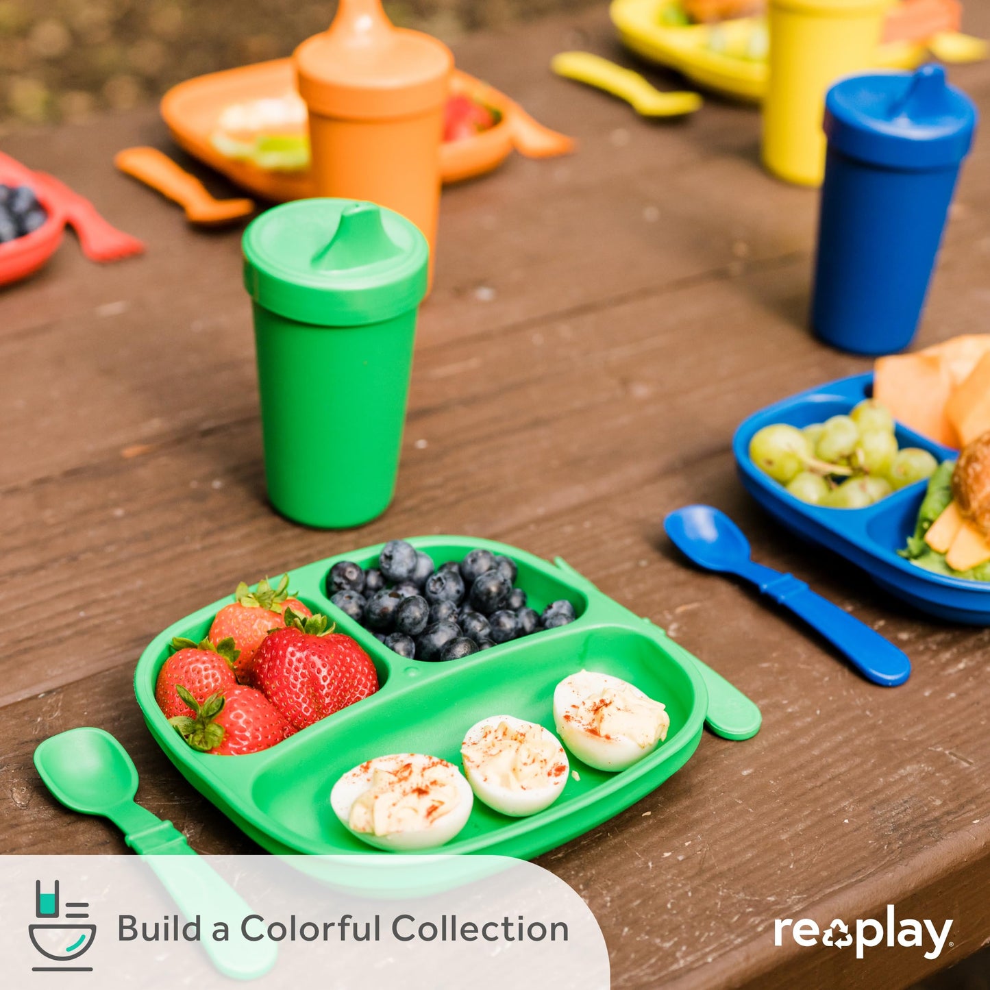 Re-Play Toddler Plates with Dividers - Deep-Walled 3 Compartments Divided Plates for Kids - Dishwasher & Microwave Safe - Made in USA - Set of 3-7.37" x 7.37" x 1.25" - Beach Baby