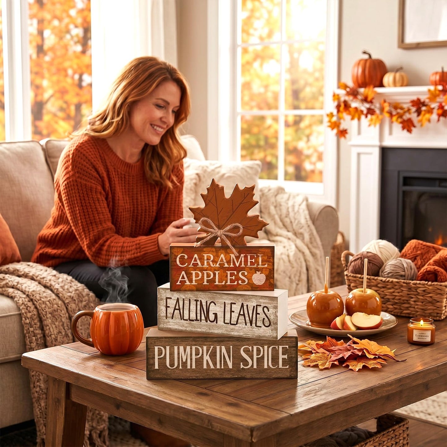 Moucuny 4 Pcs Fall Decor Wooden Maple Leaf Decoration Thanksgiving Tiered Tray Decor Rustic Wooden Maple Leaf Block Signs Thanksgiving Table Centerpiece Farmhouse for Autumn Harvest Party Kitchen Home