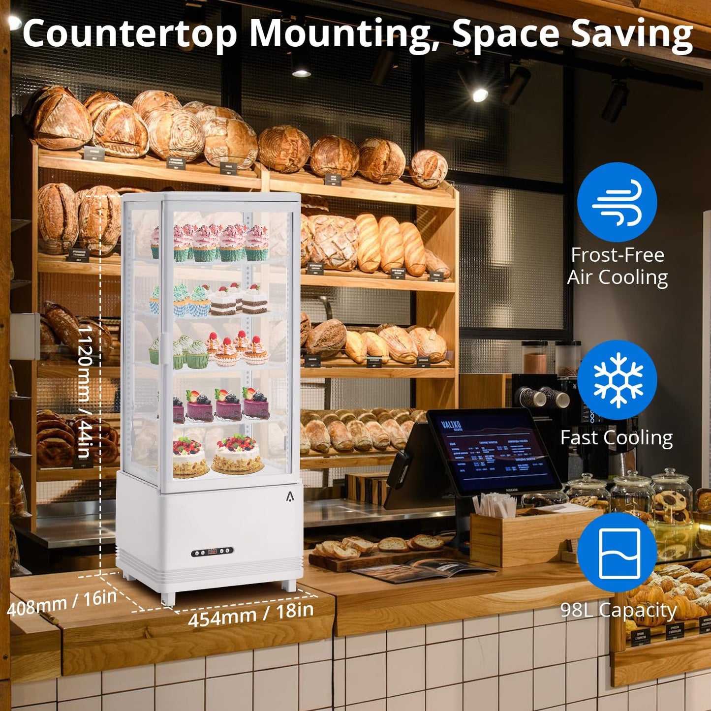 IDEALHOUSE Countertop Refrigerator, 3.4 Cu.Ft. Pastry Display Case for Bakery with LED, Frost-Free, Sliding Door, Commercial Fridge Display Case for Cafe and Restaurant, 4-Tier Design, White
