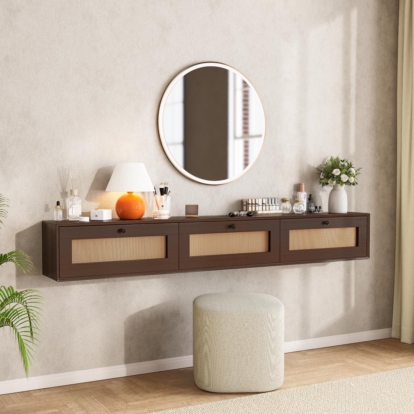 FurniNova 70'' Floating TV Stand with Rattan Doors, Wall Mount TV Console Cabinet, Fully Assembled Floating Entertainment Center, Matte Finish, Plywood Media Cabinet for Living Room