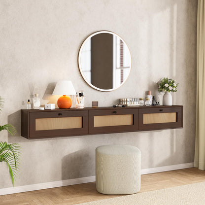 FurniNova 78'' Floating TV Stand with Rattan Doors, Wall Mount TV Console Cabinet, Fully Assembled Floating Entertainment Center, Matte Finish, Plywood Media Cabinet for Living Room