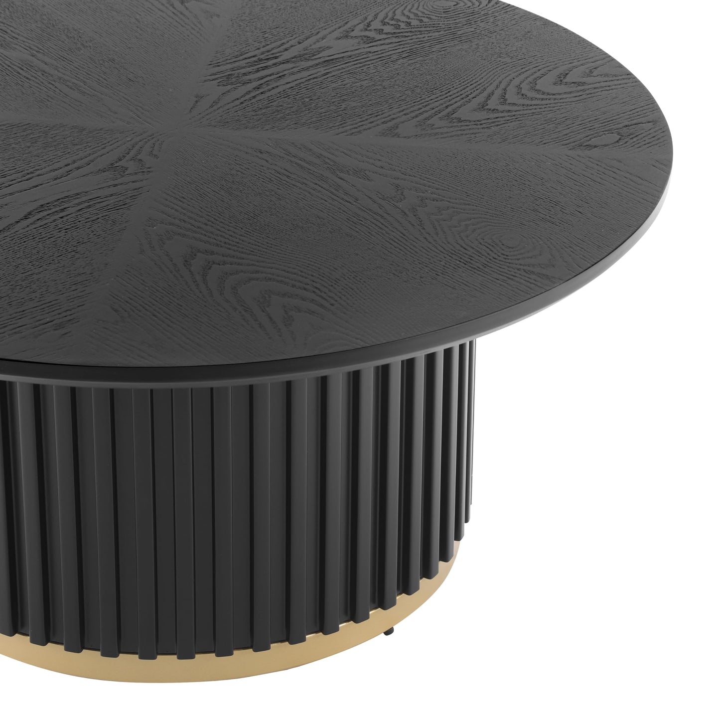 Christopher Knight Home Modern Round Coffee Table 33.46" Fluted Pedestal Base Sculptural Accent Table with Ash Veneer Top and Gold Metal Detail for Living Room Lounge and Minimalist Interiors, Black