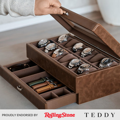 TAWBURY Bayswater 12 Slot Watch Box with Drawer (Brown) with a Set of 12 Small Pillows to Fit 6.6-7.1" Wrists
