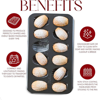 Bellemain Madeleine Pan - 12-Well Nonstick Tea Cake Pan for 12 Madeleines, Warp-Resistant Carbon Steel (2-Pack)