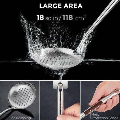 YOSUKATA Flat Bottom Wok Pan - 13.5" Blue Carbon Steel Wok PLUS 17" Wok Spatula and Ladle Skimmer Spoon - Stainless Steel Cooking Utensils Set of 3