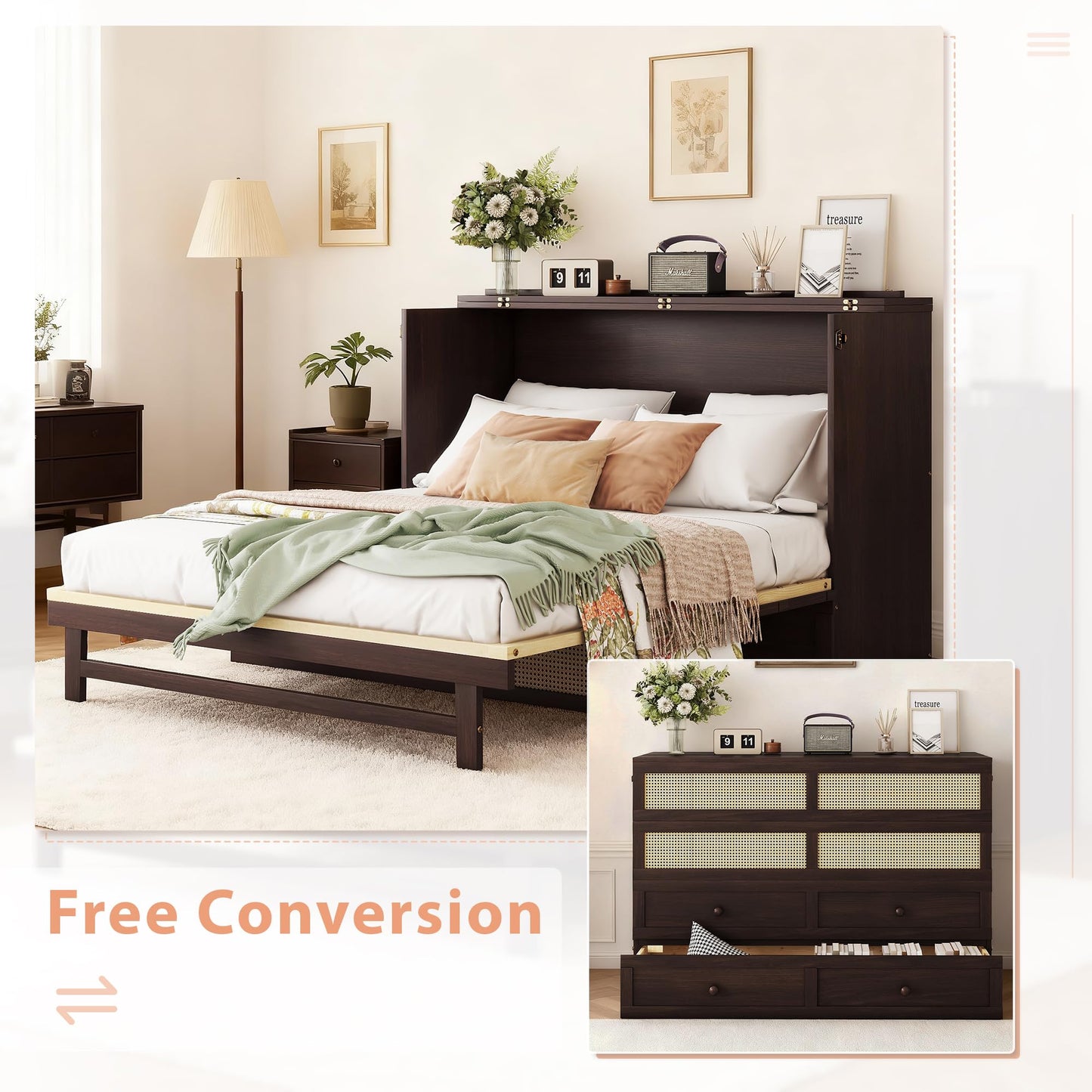 DNYN Queen Size Murphy Bed Frame with Storage Drawer for Bedroom/Guest/Study Room, Space-Saving Foldable Bed with Rattan Decoration, No Box Spring Needed & Easy Assemble