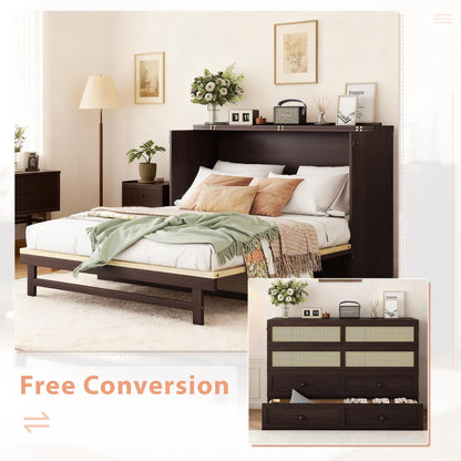 DNYN Queen Size Murphy Bed Frame with Storage Drawer for Bedroom/Guest/Study Room, Space-Saving Foldable Bed with Rattan Decoration, No Box Spring Needed & Easy Assemble