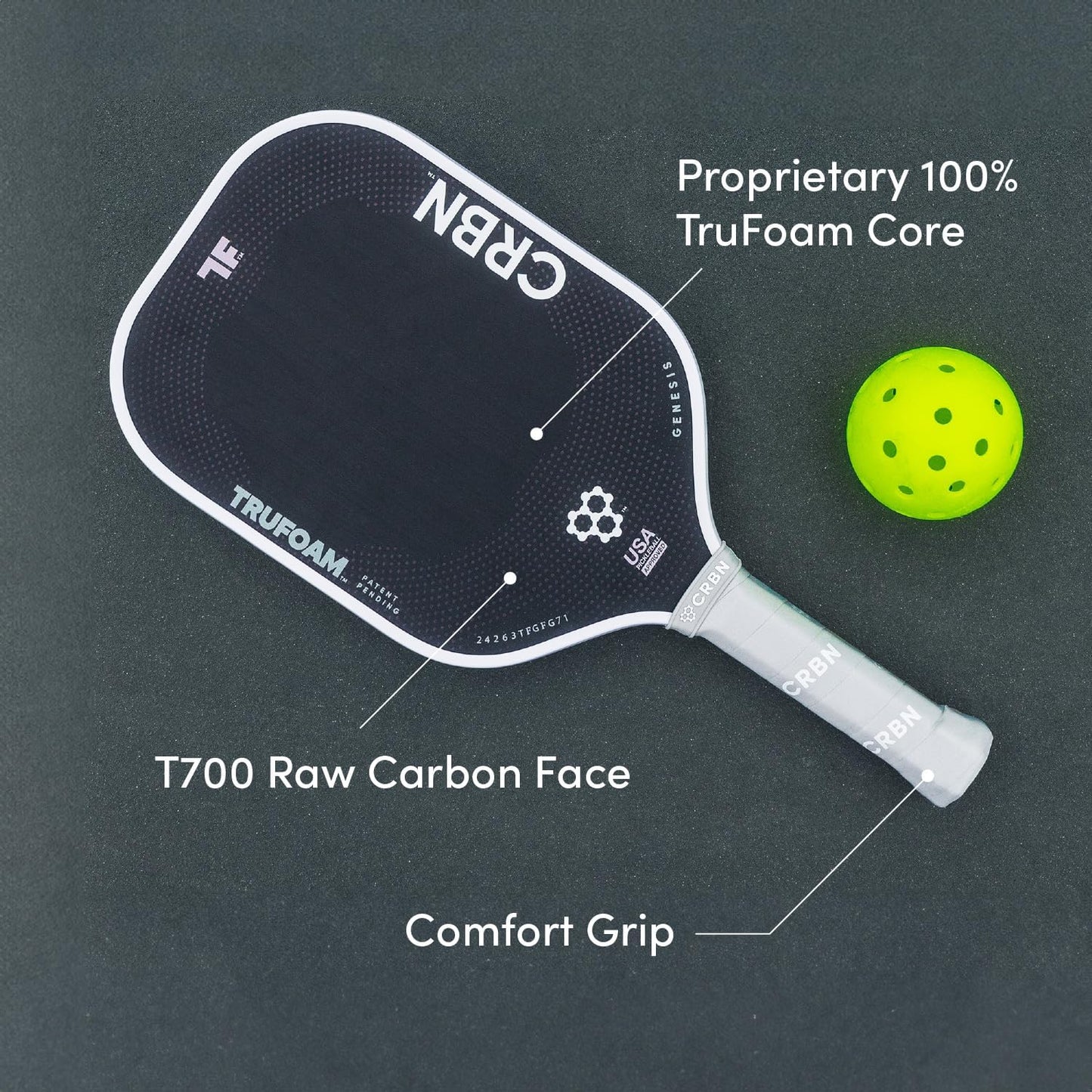 CRBN Pickleball - TruFoam Genesis - Carbon Fiber Pickleball Paddle - First-Ever 100% Foam Core Performance Paddle (Hybrid, Aerocurve).