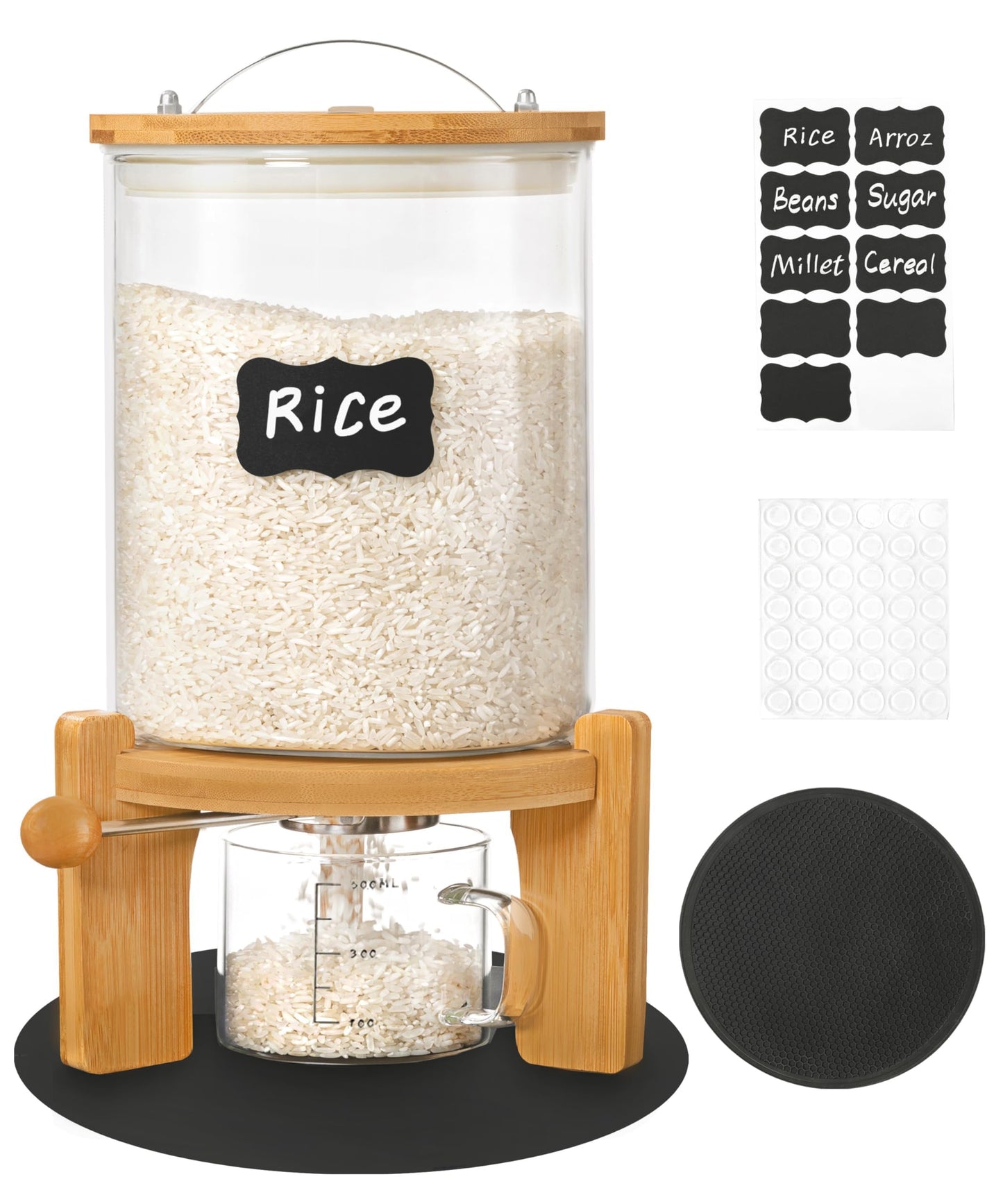 Famyards 5-7 lbs Glass Rice Dispenser with Wooden Stand Flour and Cereal Container with Glass Measuring Cup & Labels & Slider mat Pantry Food Organization Storage Bin with Airtight Bamboo Lid, 3L