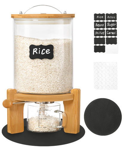 Famyards 5-7 lbs Glass Rice Dispenser with Wooden Stand Flour and Cereal Container with Glass Measuring Cup & Labels & Slider mat Pantry Food Organization Storage Bin with Airtight Bamboo Lid, 3L