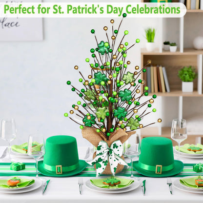 Lotus Hills St Patricks Day Decor, 20 Inch Shiny Shamrock Table Tree with Burlap Base and Bow, St Patricks Day Decorations, St Patricks Day Table Mantel Decor, Greenery Irish Shamrock Decorations