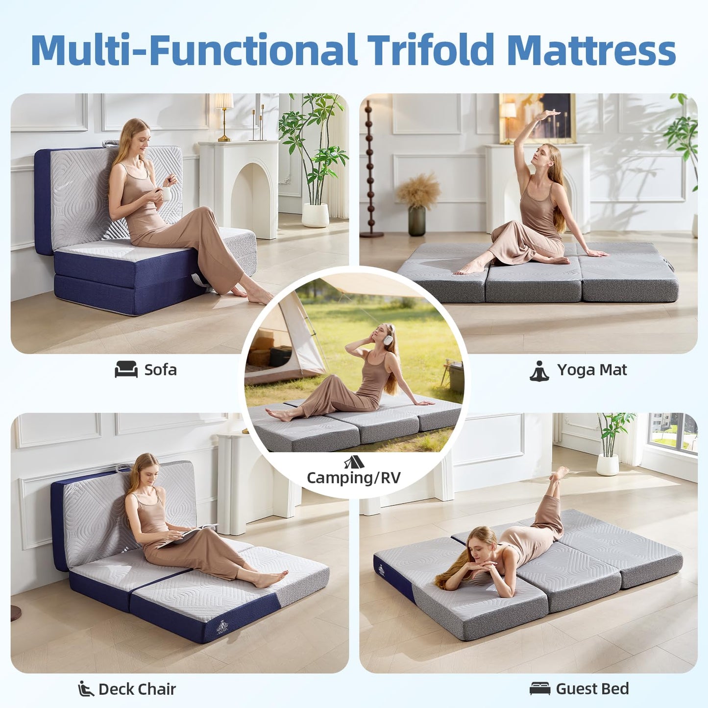 Lansteen Cooling Foldable Mattress, 6 Inch Memory Foam Mattress/Topper with Cold Breathable Effect, Trifold Mattress for Murphy Bed, Portable Folding Floor Bed for Guest, Camping, Travel, Yoga - Twin