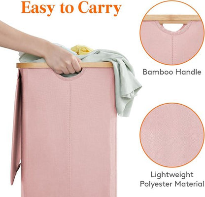 Lifewit 100L Laundry Basket - Foldable Hamper with Lid & Bamboo Handles | Pink, Removable Bag Included
