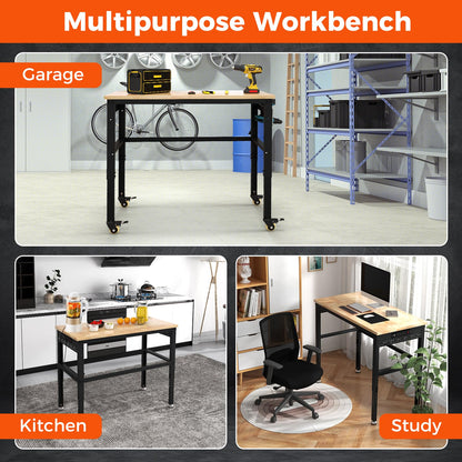 IRONMAX 48'' Adjustable Work Bench with Wheels, 1760 LBS Heavy Duty Oak Wood Table Top Workstation w/Power Strip & Foot Pad, 5 Different Height Hardwood Worktable for Workshop, Garage, Office, Home