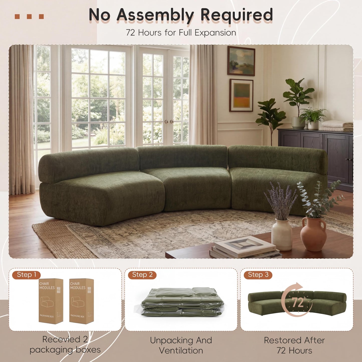 Christopher Knight Home Amino 118.5" Modular Sectional Sofa Chair, Modern Curved 3-Seater Large Sofa Couches, Comfy Upholstered Sectional Cloud Couch for Living Room, No Assembly Required, Green