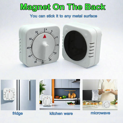 Square 60 Minute Mechanical Kitchen Timer, Easy to Use Visual Cooking Timer with Strong Magnet and Loud Alarm, Manual Countdown Timer for Classroom, Home, Study and Cooking (2 Pack)