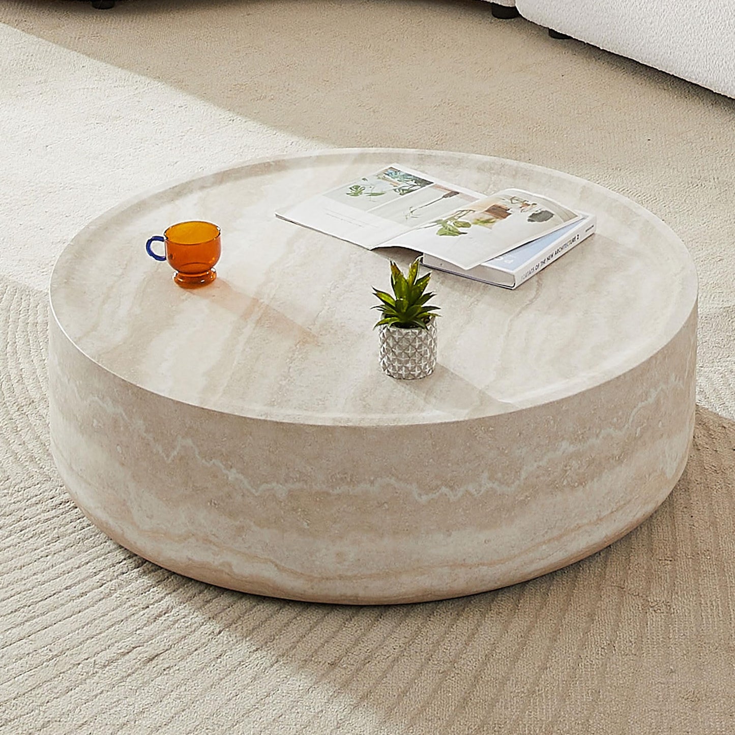 Ball & Cast 35.43" Round Coffee Table,Faux Travertine Textured Accent CoffeeTable for Living Room,Modern Minimalist Low Circle Center Table Side Table for Apartment,Office,Marble
