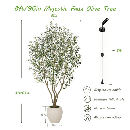 Nafresh 8FT Large Faux Olive Tree with 15''Wx13.5''H White Planter & Warm White Spotlight, Olive Trees Artificial Indoor with Multi Branches, Fake Olive Tree for Indoor Outdoor Home Office Decor