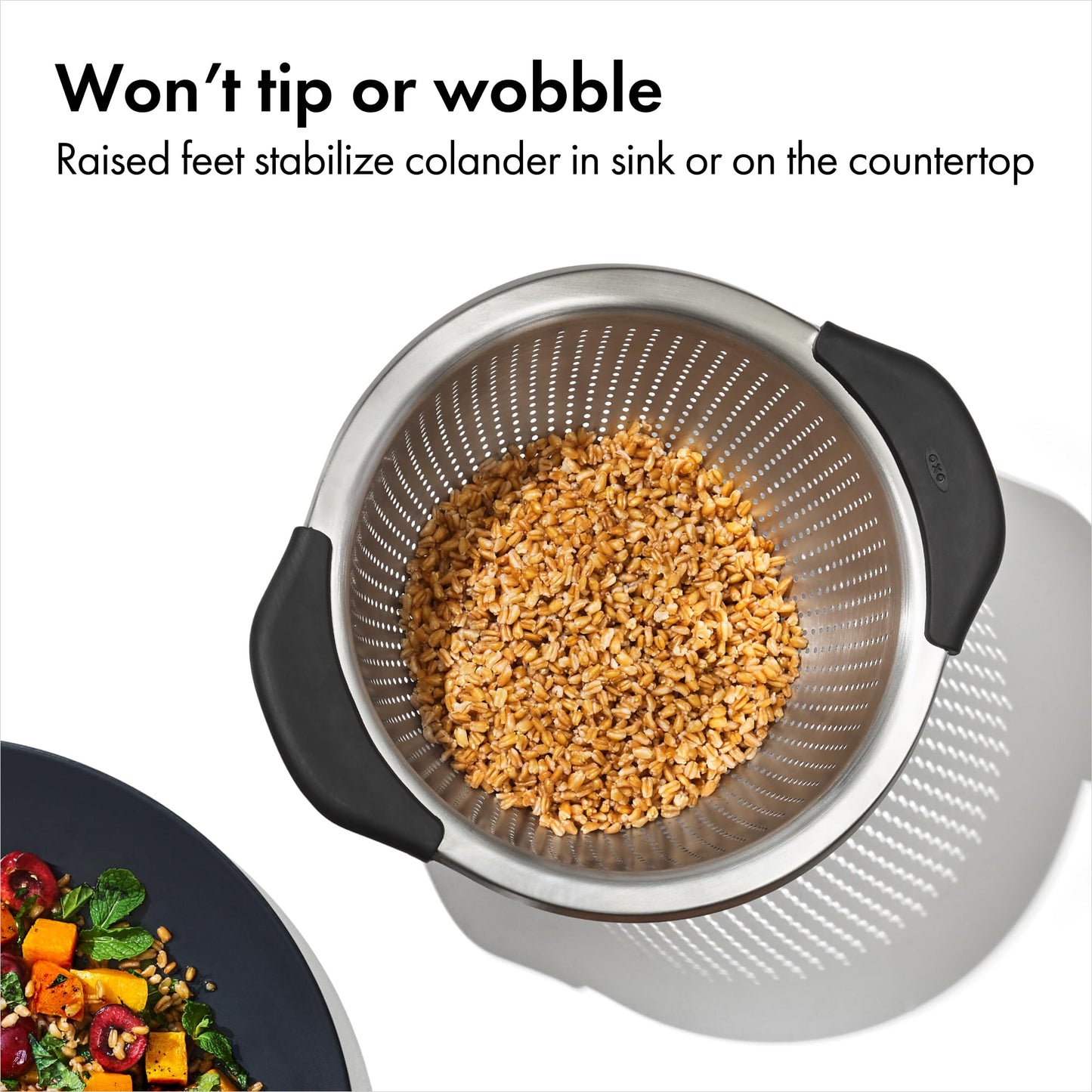 OXO Good Grips Stainless Steel Colander, 5 qt. Capacity, Strainer with Non-Slip Handles, Kitchen Colander for Pasta and Vegetables, Nesting Stainless Steel Strainer and Sieve