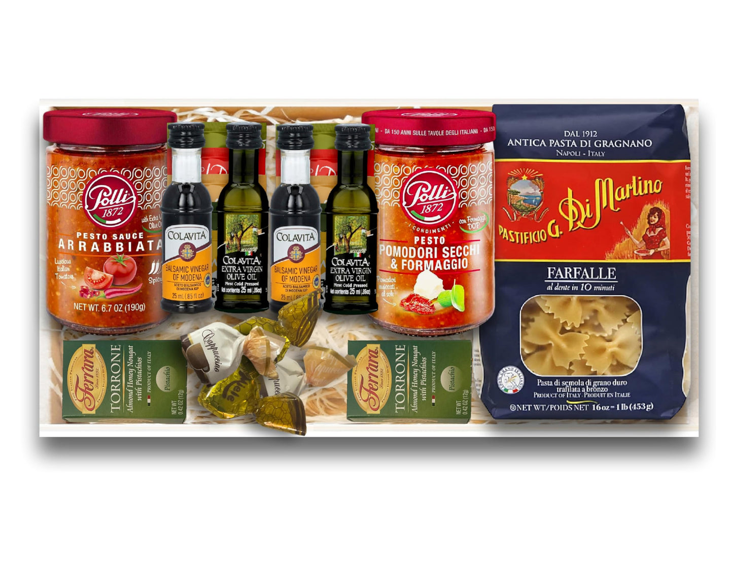 Imported Italian Dinner for Two Meal Kit - Sun-Dried Tomato Pesto, Spicy Arrabbiata Pesto, Pasta, Seasonings and Sweets Gift Box