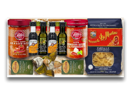 Imported Italian Dinner for Two Meal Kit - Sun-Dried Tomato Pesto, Spicy Arrabbiata Pesto, Pasta, Seasonings and Sweets Gift Box