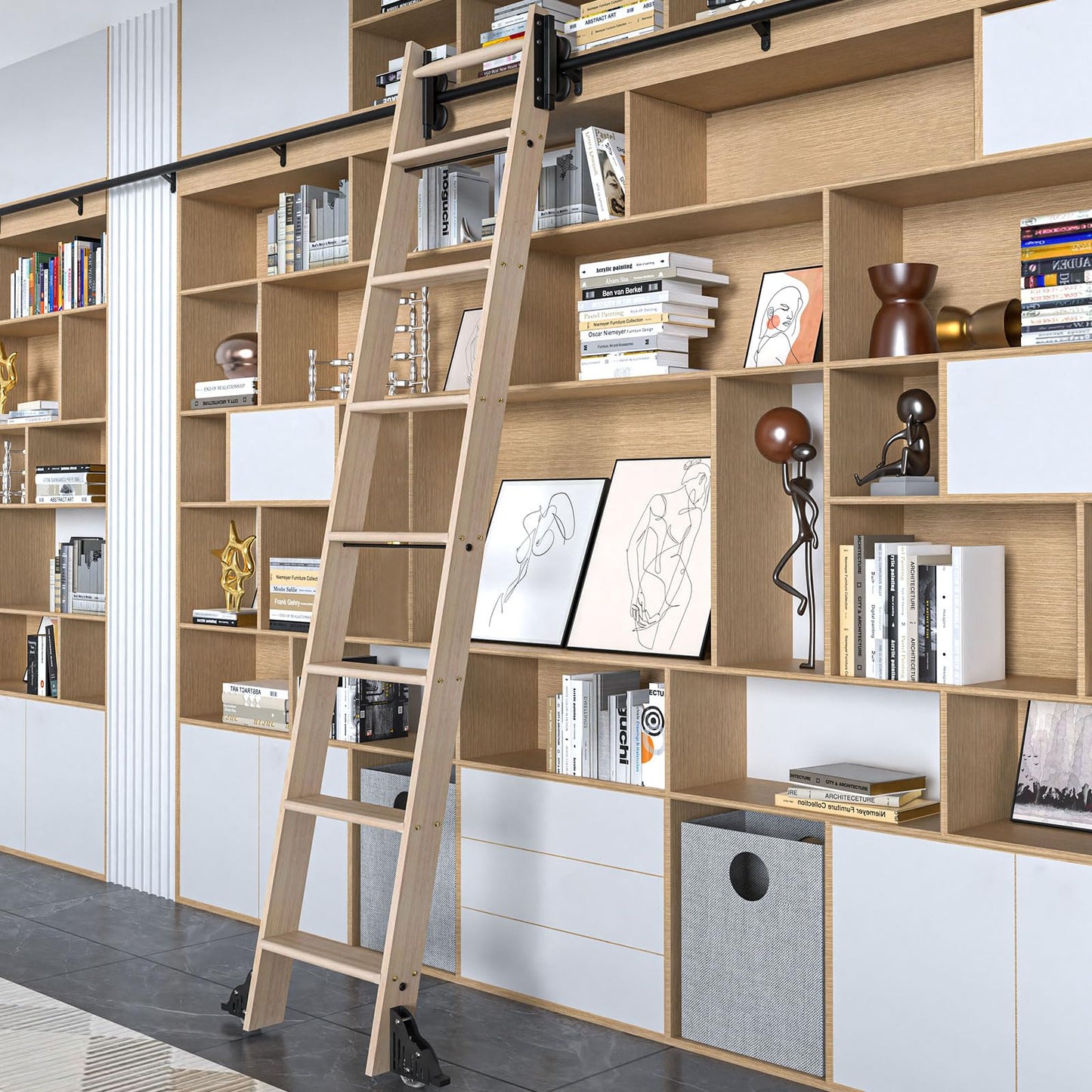 LKCBITION 95inch Oak Wood Ladder with 4ft Black Telescopic Roller Hardware on Sliding Library Ladder, Bottom Wheel with Brakes(Installation Height 89-3/4")