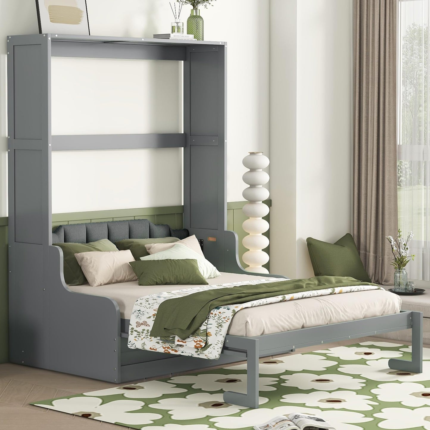 Merax Queen Size Murphy Bed Frame, Modern Wall Bed Can Be Folded into Cabinet, Chair with Cushion, Gray