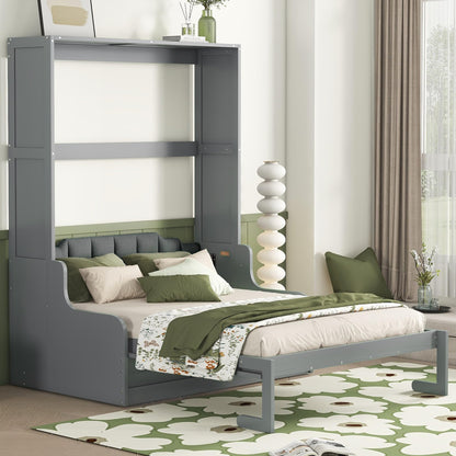 Merax Queen Size Murphy Bed Frame, Modern Wall Bed Can Be Folded into Cabinet, Chair with Cushion, Gray