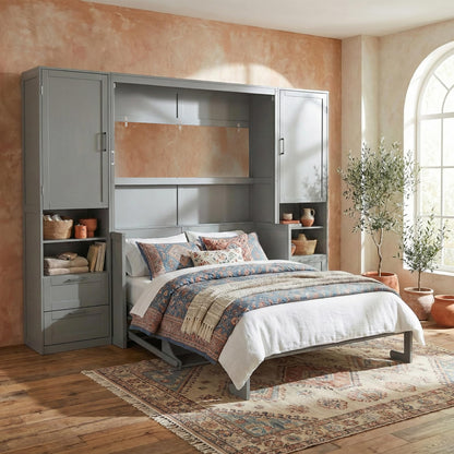 Merax Queen Size Murphy Bed with Desk, Multifunctional Foldable Wall Bed with Closet, Drawers and Shelves, Space-Saving Wood Platform Bed Frame for Small Spaces Studio Study Office Guest Room, Gray