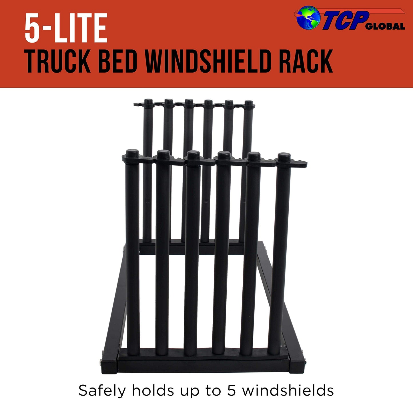 TCP Global 5-Lite Truck Bed Windshield Rack - Mobile 5 Slot Auto Glass Cargo Protection Management Rack - Safety Rubber Foam Pads, Mast Locks - Replacement Windshield Window Holder