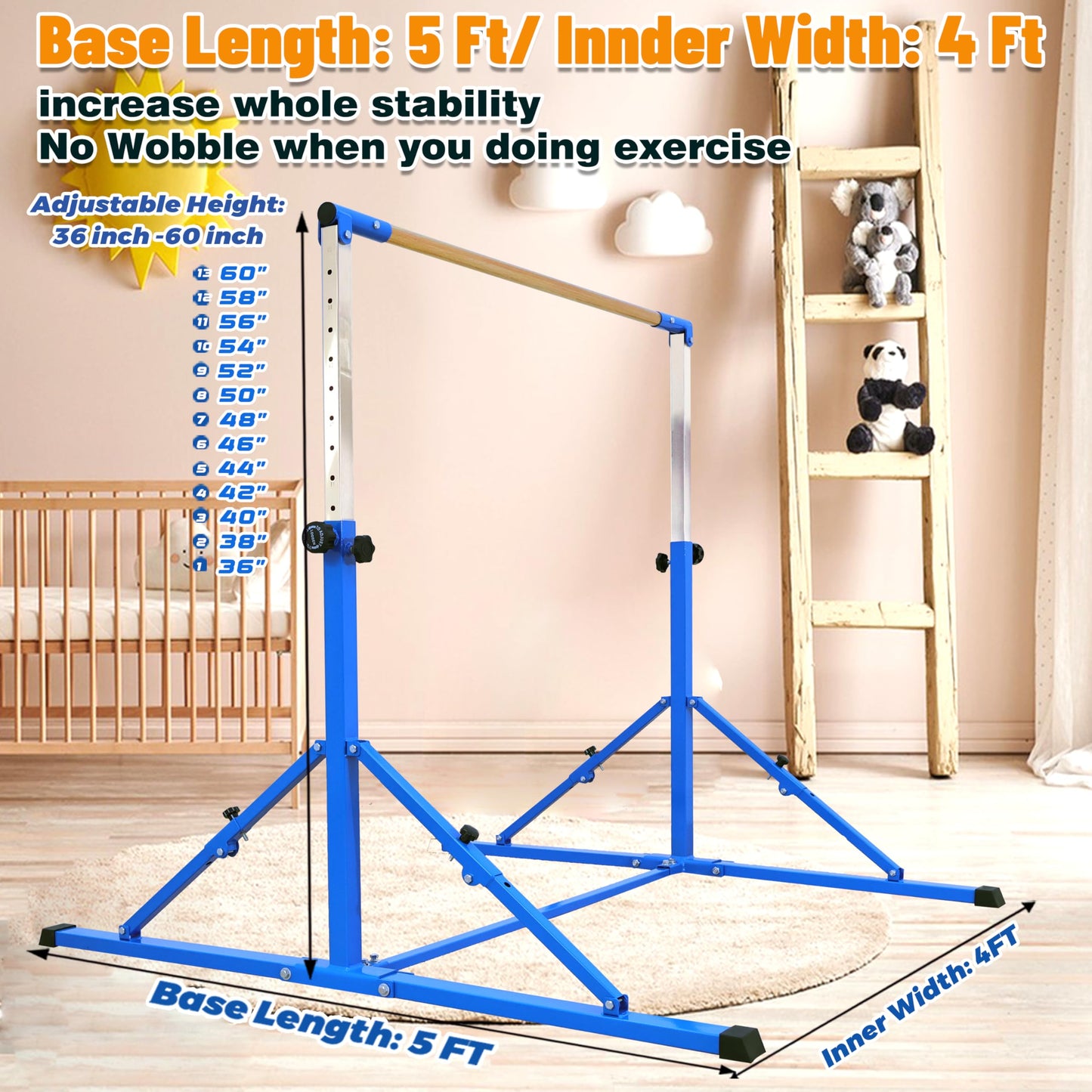 Marfual 5 Ft Fold Gymnastic Bar with Mat Kip Bar with Mat with Professional 4 Ft Width for Kids and Girl and Teenage Home and Club Use