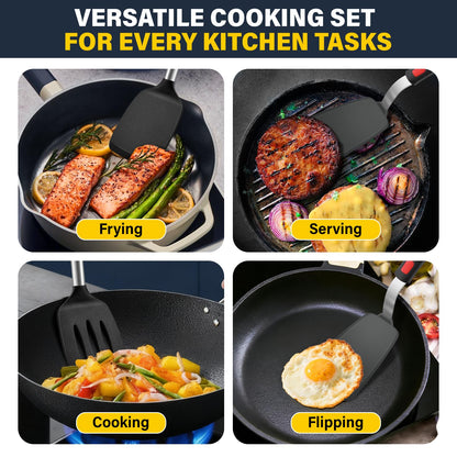 3 Pcs Silicone Spatula Set, Heat Resistant Solid & Slotted Turner for Non-Stick Pans, Silicone Cooking Utensils Set, BPA-Free, Flexible Spatula Turner for Flipping Eggs, Burgers, Pancakes, Black