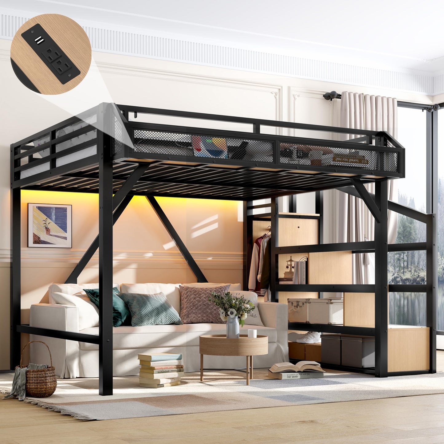 KEIKI Queen Size Loft Bed with Storage Stairs for Adults, Heavy Duty Bunk Beds with Shelves, Wardrobe, Metal Bedframe with USB Ports for Bedroom, Natural